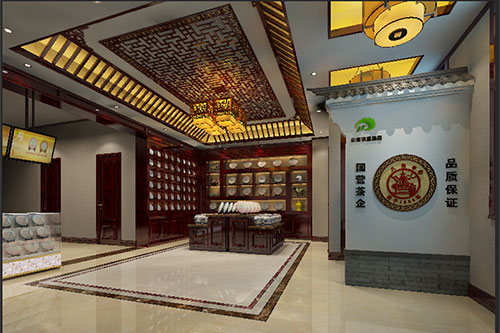 日照古朴典雅的中式茶叶店大堂设计效果图